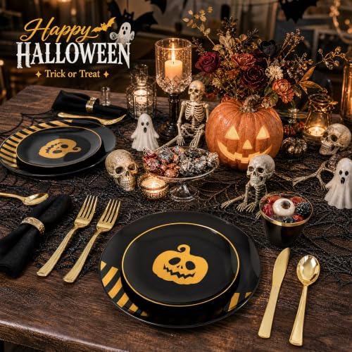 KIRE 25 Guest Halloween Plates Black Gold Plastic Plates Smiley Pumpkin include 50PCS Black &150PCS Gold Plastic Silverware&25PCS Clear Black Cups for Halloween Party - Image 3