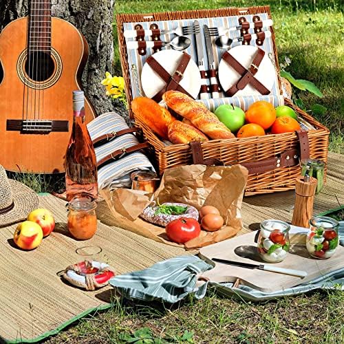 Wicker Picnic Basket for 4 with Waterproof Blanket Blue Stripes - Image 4