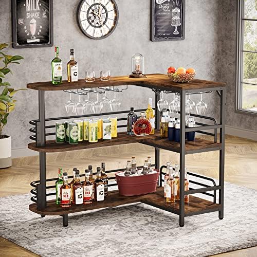 Tribesigns L-Shaped Home Bar Unit, 3 Tier Liquor Table With Storage Shelves and Wine Glasses Holder, Industrial Corner Wine Cabinet Mini Bar for Home Kitchen Pub, Rustic Brown - Image 4