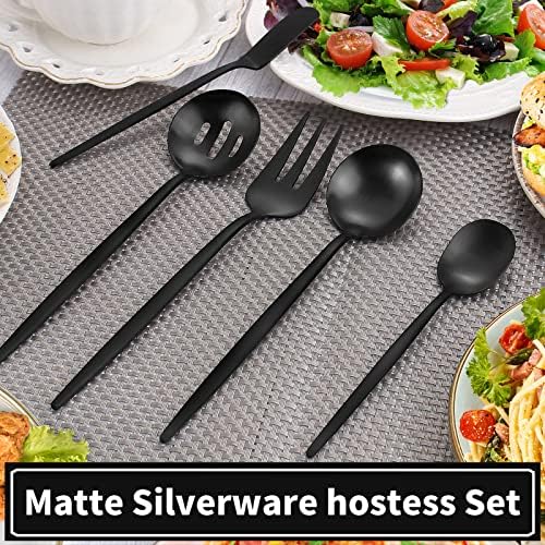VANVRO Matte Black Serving Silverware Set, 5-Piece Round Shared Utensils Set of Stainless Steel, Hostess Flatware Serving Set, Satin Finish, Dishwasher Safe - Image 5