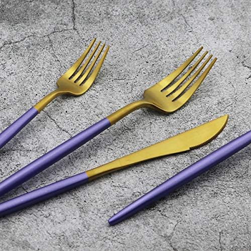 20-Piece 18/10 Stainless Steel Flatware Silverware, Luxury Dinnerware Set Travel Cutlery Tableware Include Knife Fork Spoon Service for 4, Dishwasher Safe (Purple Handle Matte Gold) - Image 3
