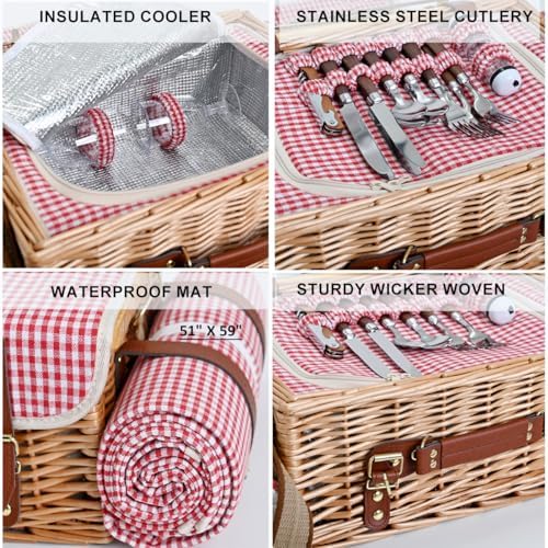 Multifunctional Wicker Picnic Basket Set for 4 with Blanket and Picnic Table, Insulated Picnic Set with Full Tablewares for Camping Outdoor Couples, Gingham - Image 5