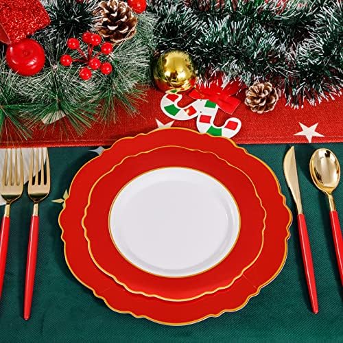 WDF 30Guest Red Plastic Plates - Gold Plastic Silverware With Red Handle - Red Plates Disposable- Baroque Plastic Dinnerware for Wedding Baby Shower Spring Birthday - Image 2