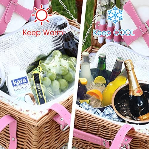 Picnic Basket for 4 with Waterproof Blanket, Pink Flower - Image 6