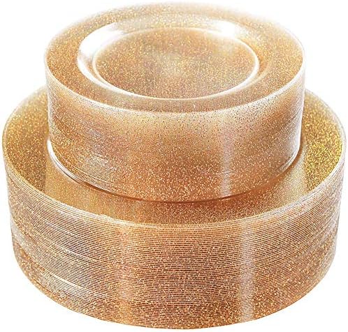 WDF 120PCS Gold Plastic Plates- Disposable Gold Glitter Plates, Premium Heavy Duty 60-10.25" Dinner Plate and 60-7.5" Salad Plate for Wedding/Thanksgiving/Friensgiving/Fall Harvest by WDF