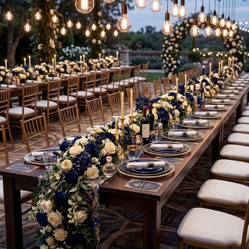 KIRE 175Pcs Blue Plastic Plates - Navy Blue Plates Disposable - 25 for Dinner 25 for Dessert 25 Pre Rolled Napkins with Gold Plastic Silverware and 25 Cups for Wedding/Party/Hanukkah/Christmas - Image 4