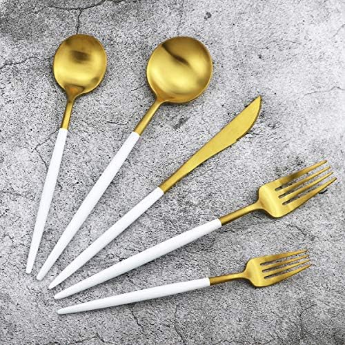 20-Piece 18/10 Stainless Steel Flatware Silverware, Luxury Dinnerware Set Travel Cutlery Tableware Include Knife Fork Spoon Service for 4, Dishwasher Safe (White Handle Matte Gold) - Image 7