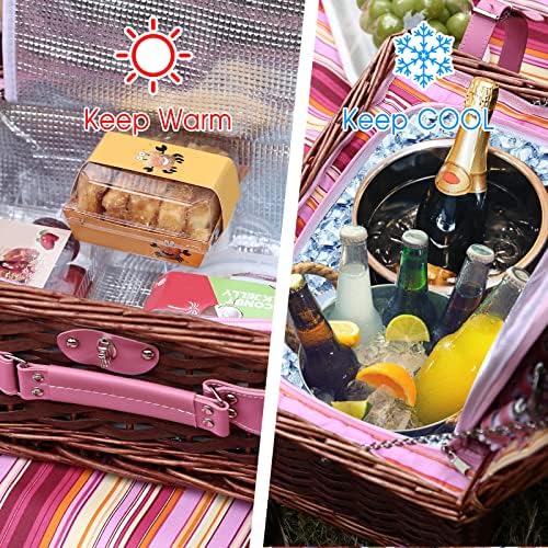 Wicker Picnic Basket for 4 with Waterproof Picnic Blanket and Insulated Cooler, Willow Hamper for Camping, Outdoors, Photoshoot, or a Birthday, Valentine’s Day, Wedding Gift, Pink - Image 6