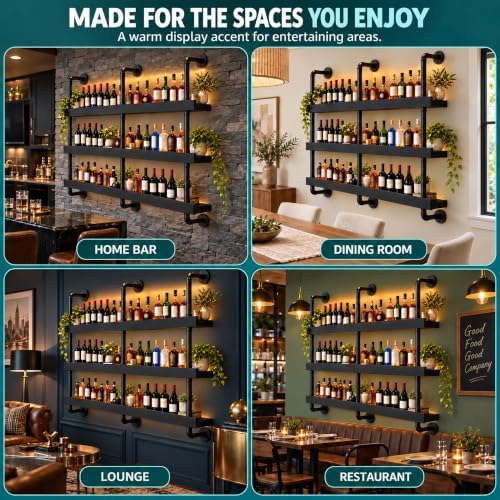 55IN 3-Tier Black Pipe Wall Mounted Wine Rack with Warm LED Light - Image 6