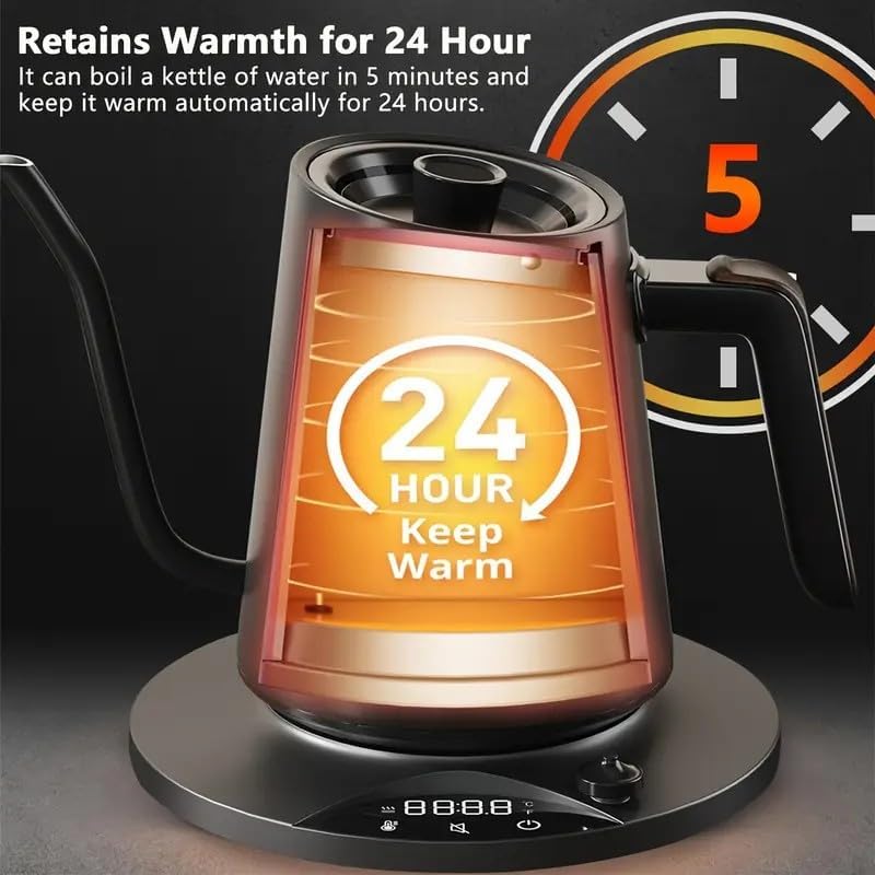 Gooseneck Electric Kettle with ±1℉ Temperature Control & Keep Warm for Pour Over Coffee & Tea, Rapid Boil, 304 Stainless Steel, Built-in Brew Timer, 1000W/ 0.9L - Image 7