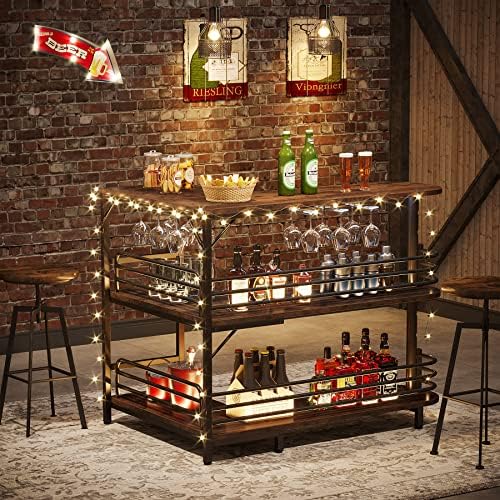 Tribesigns L-Shaped Home Bar Unit, 3 Tier Liquor Table With Storage Shelves and Wine Glasses Holder, Industrial Corner Wine Cabinet Mini Bar for Home Kitchen Pub, Rustic Brown - Image 5