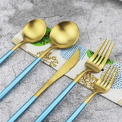 20-Piece 18/10 Stainless Steel Flatware Silverware, Luxury Dinnerware Set Travel Cutlery Tableware Include Knife Fork Spoon Service for 4, Dishwasher Safe (Blue Handle Matte Gold) - Image 6