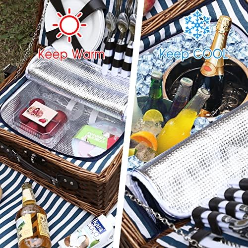 Picnic Basket for 4 with Waterproof Blanket, Blue &Grey Stripe - Image 6