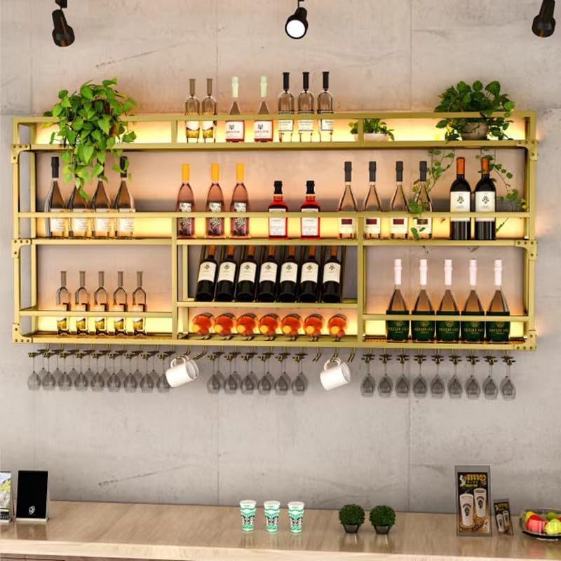 71Inch Metal Wall-Mounted Wine Rack with LED Light - 3 Tier Wine Storage Display Rack with Glass Holder - Space-Saving Bottle Display Shelf for Home Bars, Dining Rooms, Gold - Image 4