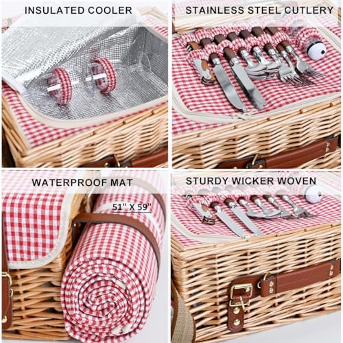 Multifunctional Wicker Picnic Basket Set for 2 with Blanket and Picnic Table, Insulated Picnic Set with Full Tablewares for Camping Outdoor Couples, Gingham - Image 5