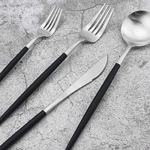 Black Handle Matte Silver Silverware Set - 5-Piece 18/10 Stainless Steel Satin Finish Flatware, Kitchen Utensils, Tableware Travel Cutlery for Camping Office Lunch - Dishwasher Safe - Image 6