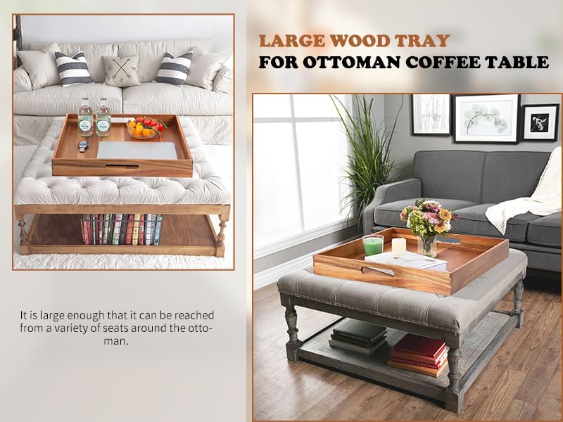 Large Ottoman Tray for Living Room, 20" Extra Large Wooden Tray for Ottoman Square Big Acacia Serving Trays with Handles for Coffee Table, Breakfast, Appetizers, Dinner - Image 2