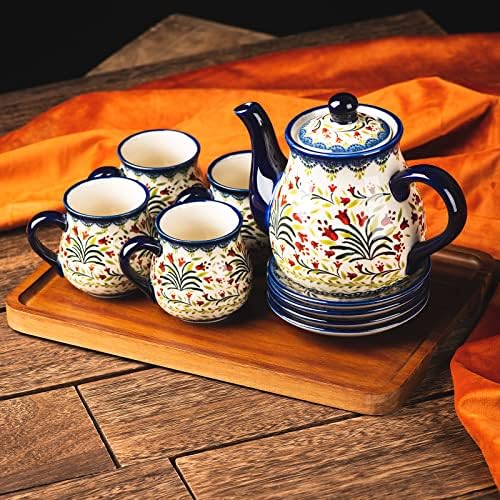polish pottery style porcelain ceramic 10 piece Tea set,7.2oz tea cup and sauce set of 4,28.2oz teapot and 1wooden tray. (The tulip) - Image 3