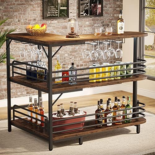 Tribesigns L-Shaped Home Bar Unit, 3 Tier Liquor Table With Storage Shelves and Wine Glasses Holder, Industrial Corner Wine Cabinet Mini Bar for Home Kitchen Pub, Rustic Brown by Tribesigns