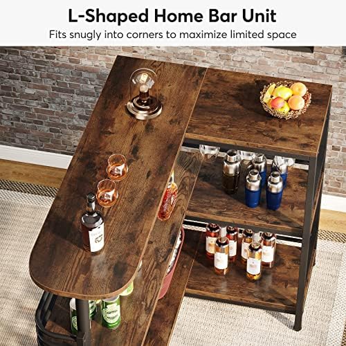 Tribesigns L-Shaped Home Bar Unit, 3 Tier Liquor Table With Storage Shelves and Wine Glasses Holder, Industrial Corner Wine Cabinet Mini Bar for Home Kitchen Pub, Rustic Brown - Image 6