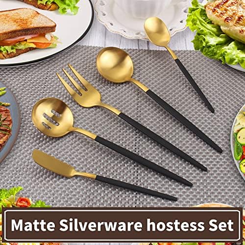 VANVRO Matte Black Gold Serving Silverware Set, 5-Piece Round Shared Utensils Set of Stainless Steel, Hostess Flatware Serving Set, Satin Finish, Dishwasher Safe - Image 5