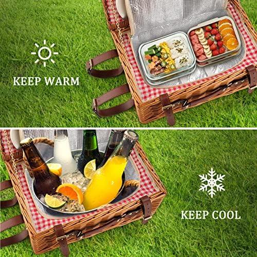 Red Plaid Wicker Picnic Basket for 4 with Waterproof Blanket - Image 5