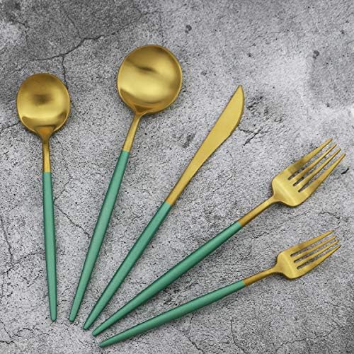 Green Handle Matte Gold Silverware, Gugrida 5-Piece 18/10 Stainless Steel Flatware Set, Kitchen Utensils, Tableware Travel Cutlery for Camping Office Lunch, Satin Finish, Dishwasher Safe - Image 6