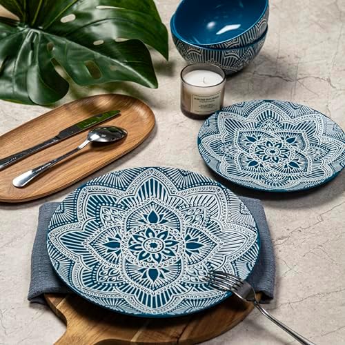 Bzyoo 12-Piece Ceramic Dinnerware Set: La La Mandala Blue Dish Set Design for Every Occasion - Microwave & Dishwasher Safe Stackable Plates Bowls - Image 4