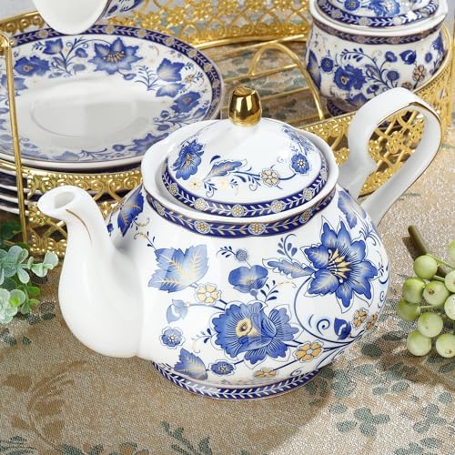 fanquare Porcelain Tea Sets,Blue British Coffee Cups& Saucer Service for 6, with Teapot,Sugar Bowl,Creamer Pitcher and Golden Metal Rack - Image 2