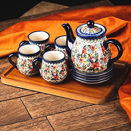 polish pottery style porcelain ceramic 10 piece Tea set,7.2oz tea cup and sauce set of 4,28.2oz teapot and wooden serving tray.（ Exotic Daisy） - Image 3