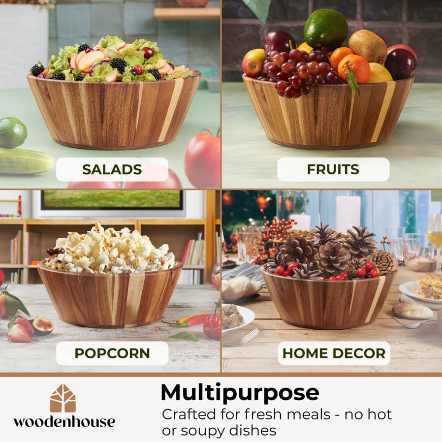 Wooden Salad Bowl Set of 3, Round 12" 10" 8" Wood Bowls for Serving Food - Image 3