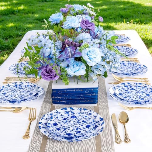60 PCS Blue Plastic Plates - Blue Floral Plates - Disposable Decorative Plate Sets Include 30 Dinner & 30 Dessert Plate for Wedding Birthday Party Supplies - Image 5