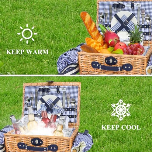 Wicker Picnic Basket for 2, Blanket & Wine Pouch, 16.6" Blue - Image 6