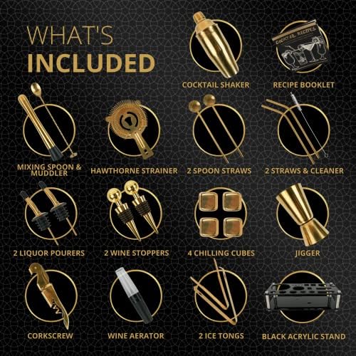 Mixology Bartender Kit – 24 Piece Gold Cocktail Shaker Set w/Stand – Essential Home Bar Accessories Martini Shaker, Jigger, Muddler, Chilling Cubes & More - Image 3