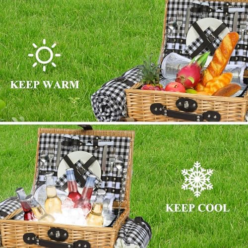 Picnic Basket for 2, Blanket & Insulated Wine Pouch, 16.6" Black - Image 4
