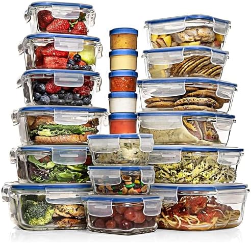 Razab 35 Pc Set Glass Food Storage Containers with Lids - Meal Prep Airtight Bento Boxes BPA-Free 100% Leak Proof (15 lids,15 glass & 5 Plastic Sauce/Dip Containers) by RazabHomeGoods
