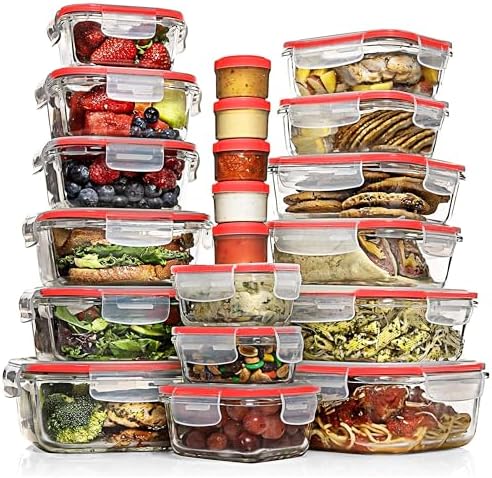 Razab 35 Pc Set Glass Food Storage Containers with Lids - Meal Prep Airtight Bento Boxes BPA-Free 100% Leak Proof (15 lids,15 glass & 5 Plastic Sauce/Dip Containers) by RazabHomeGoods
