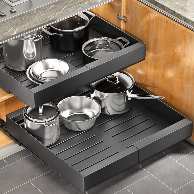2 Pack Pull out Cabinet Organizer, Expandable(12"-20") Heavy Duty Slide out Drawer Fixed with Adhesive Nano Film for Pots, Roll out Shelf Storage for Kitchen Organization, Pantry, Bathroom(Black) by Kitstorack