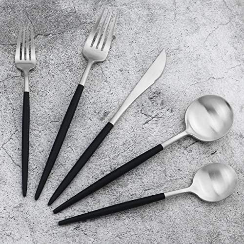 Black Handle Matte Silver Silverware Set - 5-Piece 18/10 Stainless Steel Satin Finish Flatware, Kitchen Utensils, Tableware Travel Cutlery for Camping Office Lunch - Dishwasher Safe - Image 2