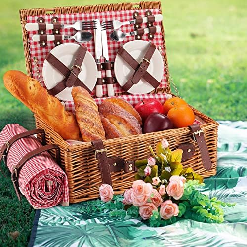 Red Plaid Wicker Picnic Basket for 4 with Waterproof Blanket - Image 6