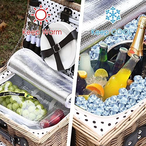 Picnic Basket for 4 with Waterproof Blanket,Black & White Spots - Image 6
