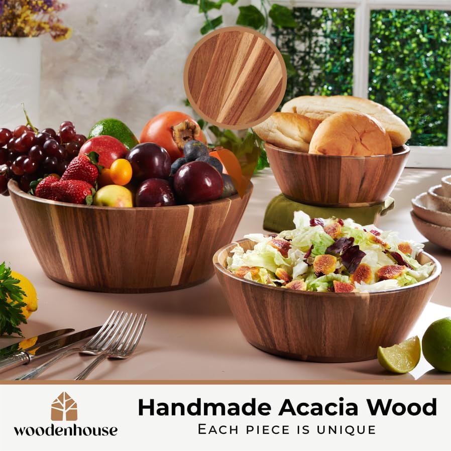 Wooden Salad Bowl Set of 3, Round 12" 10" 8" Wood Bowls for Serving Food - Image 2