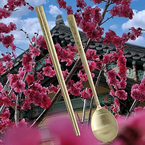 [5 Sets] [Made in Korea] Korean Sticky Rice Spoon Chopsticks Set Gold Titanium Plating 304 Stainless Steel Tableware Cutlery Set Mukbang Chopsticks (Korean Apricot Blossom TITANIUM, 5 Sets) - Image 7