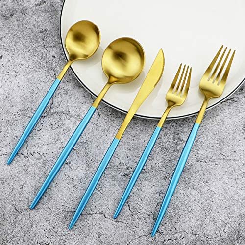 20-Piece 18/10 Stainless Steel Flatware Silverware, Luxury Dinnerware Set Travel Cutlery Tableware Include Knife Fork Spoon Service for 4, Dishwasher Safe (Blue Handle Matte Gold) - Image 4
