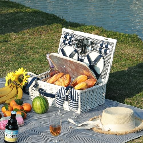 Picnic Basket for 4 with Waterproof Blanket, Blue & White Stripe - Image 4