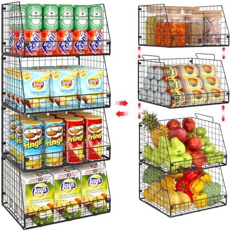 4 Pack XXL Stackable Wire Storage Basket, Extra Large Capacity Pantry Organizer and Storage, Muti-Purpose for Vegetable Fruit Basket & Can Organizer & Snack Rack & Metal Pantry Bin by Jakyitvi