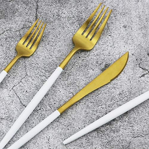 20-Piece 18/10 Stainless Steel Flatware Silverware, Luxury Dinnerware Set Travel Cutlery Tableware Include Knife Fork Spoon Service for 4, Dishwasher Safe (White Handle Matte Gold) - Image 3