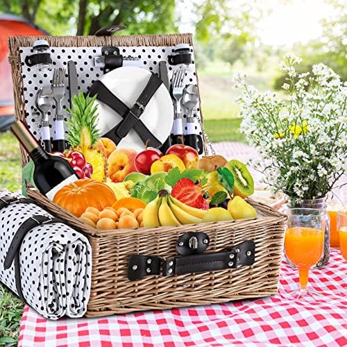 Picnic Basket for 4 with Waterproof Blanket,Black & White Spots - Image 2