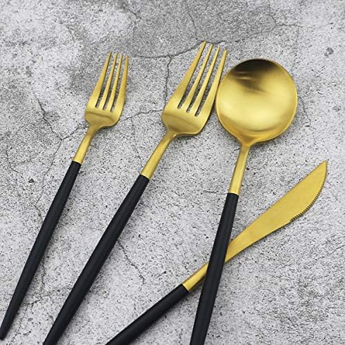20-Piece 18/10 Stainless Steel Flatware Silverware, Luxury Dinnerware Set Travel Cutlery Tableware Include Knife Fork Spoon Service for 4, Dishwasher Safe (Black Handle Matte Gold) - Image 4