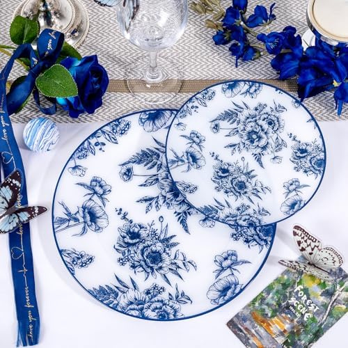 60PCS Blue Floral Plates Disposable - Blue Plastic Plates - Blue and White Plate Include 30 Dinner & 30 Dessert Plates for Bridal Birthday Wedding Party Decorative - Image 4